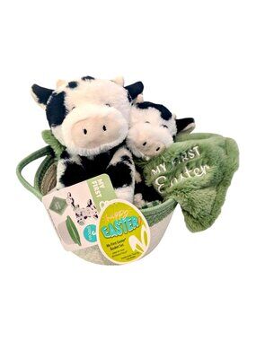 My First Easter Basket Gift Set W/ Plush Cow & Blanket Green & White